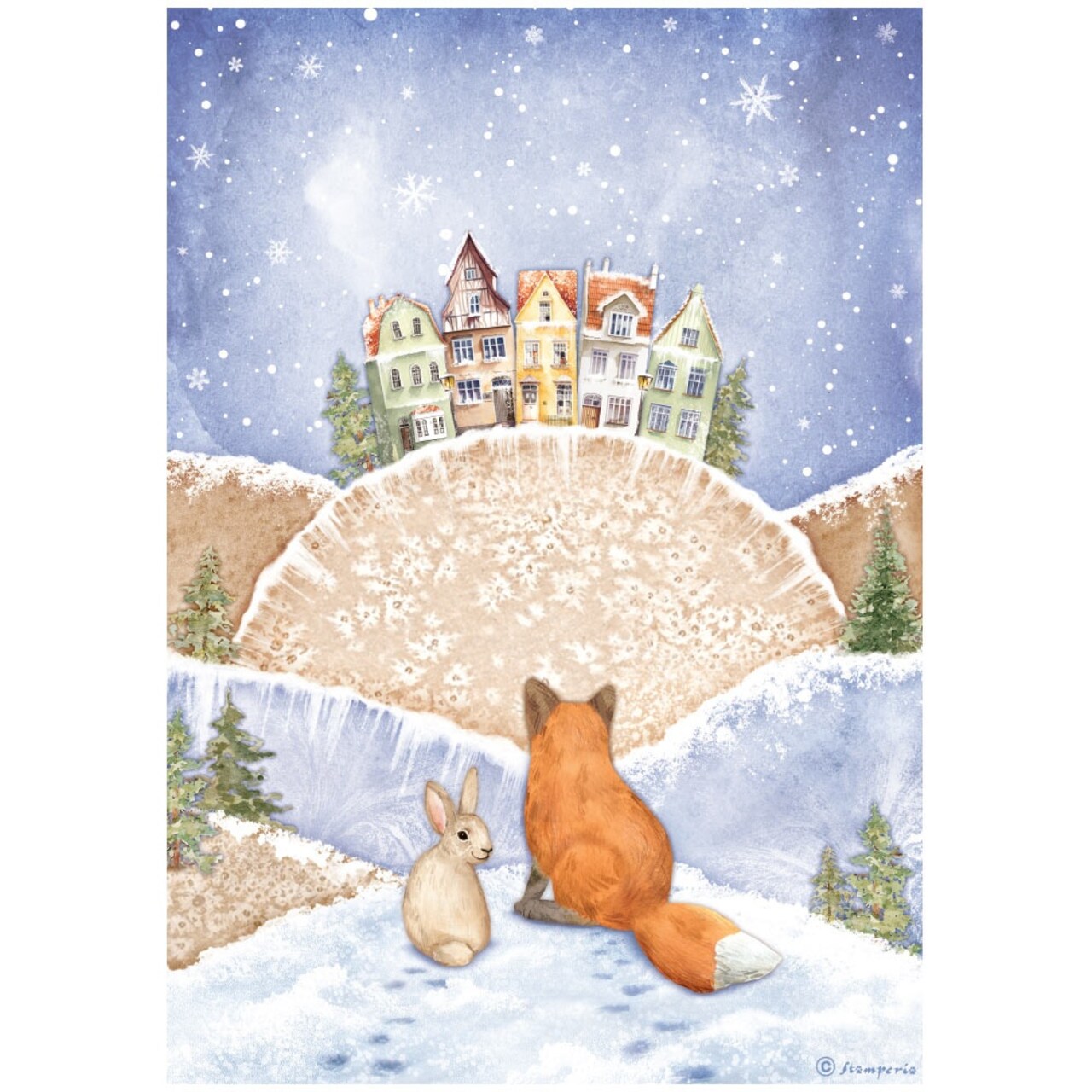 Stamperia Rice Paper Sheet A4-Fox And Bunny, Winter Valley
